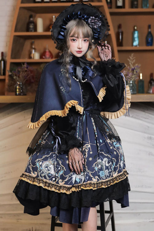 Black Gothic Lolita OP Dress with Lace Ruffled Long Sleeves