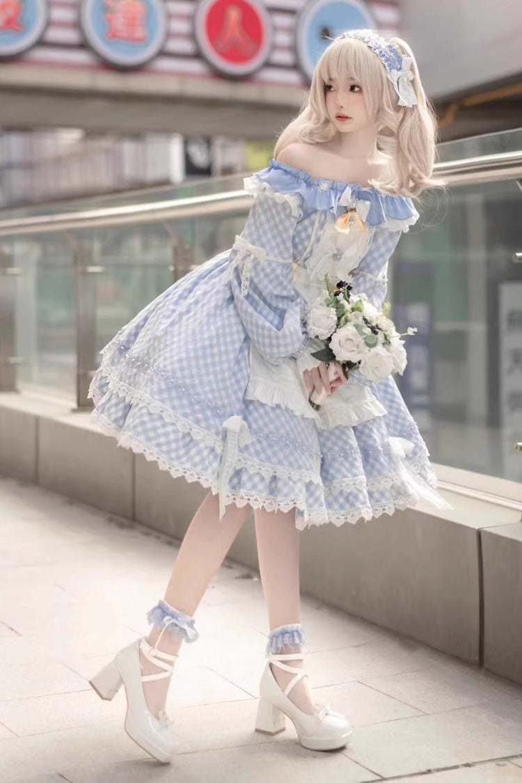Blue Tartan Bow Lace Sweet Lolita Dress