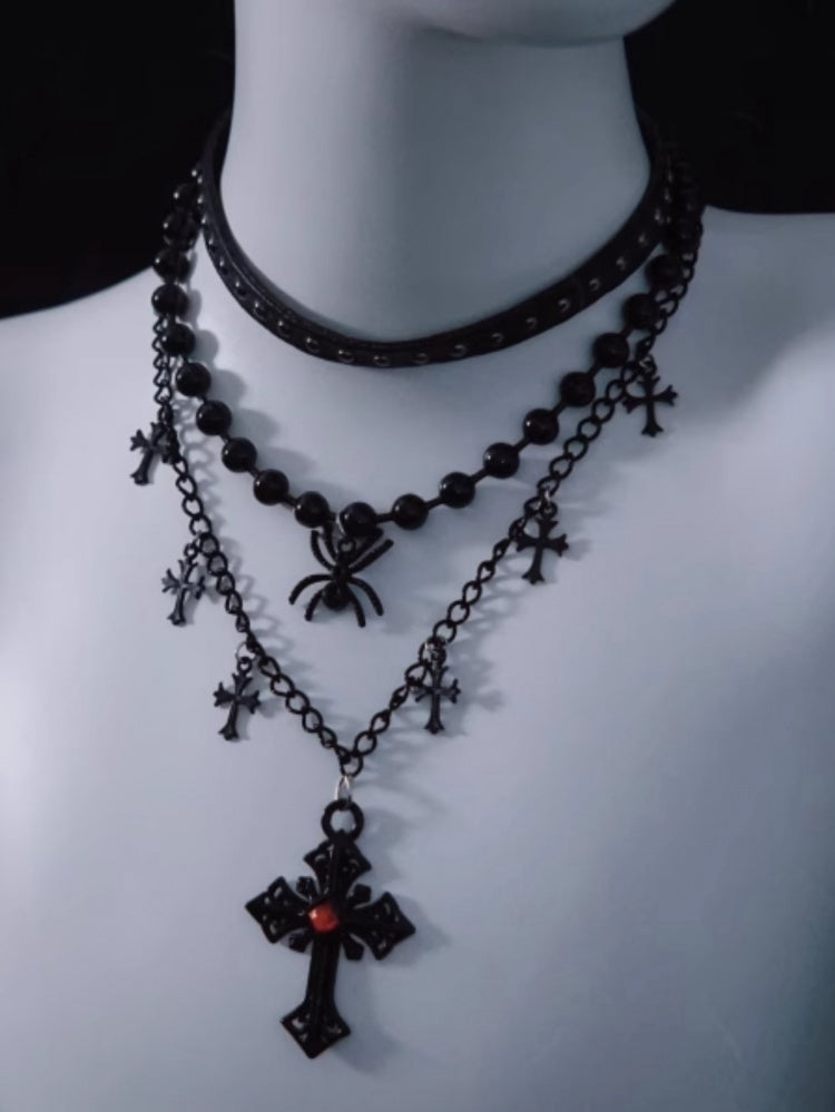 Spider Cross Pendant Black Triple Layered Necklace