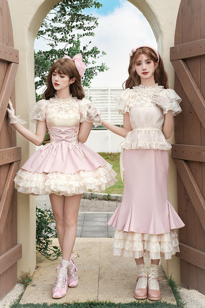 Pink Multi-Tier Ruffle Bow Lace-Up Sweet Lolita Corset Gown - Love Diary