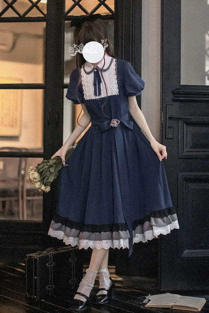 Lapel-Collar Vintage Dress with Bow Print and Short Sleeves