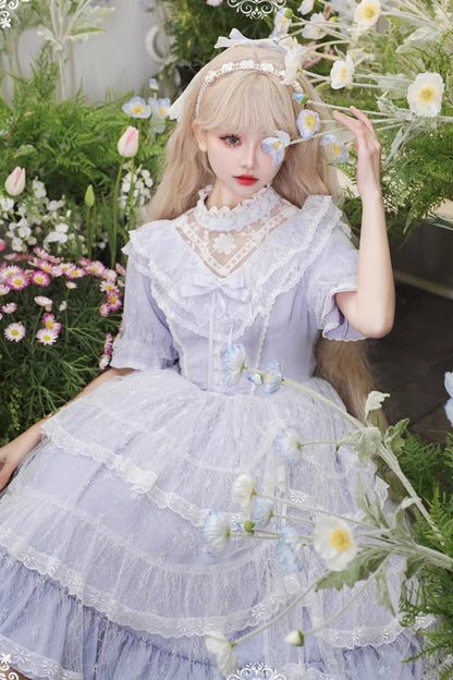 Purple Jacquard Bowknot OP Dress - Sweet Elegant Lolita