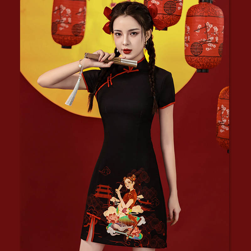 Superbe robe cheongsam à manches courtes et boucle pour fille