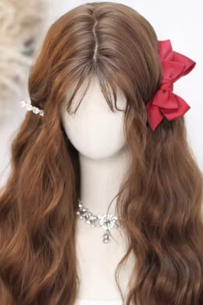 Warm Brown Long Wavy Lolita Wig with Light Wispy Bangs