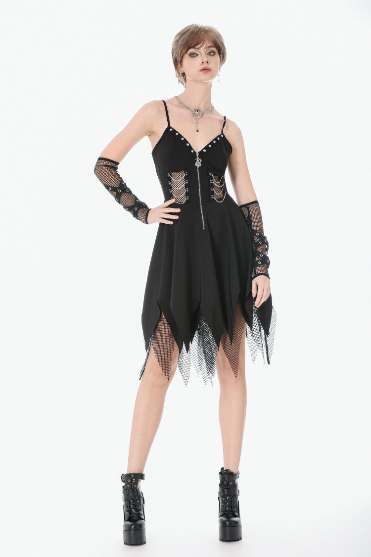 Studded Mesh Punk Slip Dress with Zippers