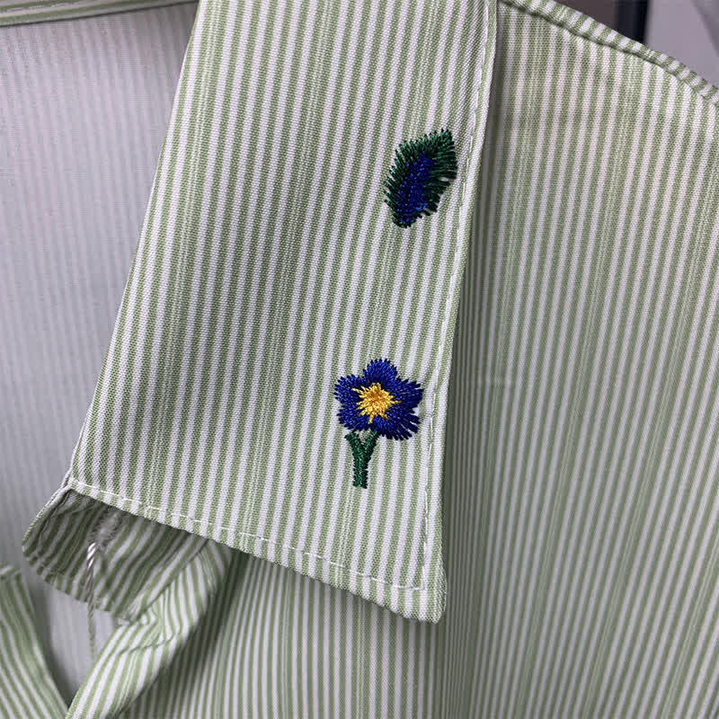 Flower Lapel Casual Shirt Coorblock Stripe Pants