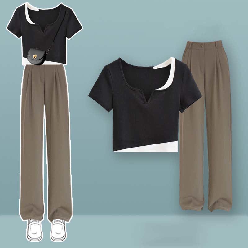 Colorblock Crop Top T-Shirt Casual Pants Set