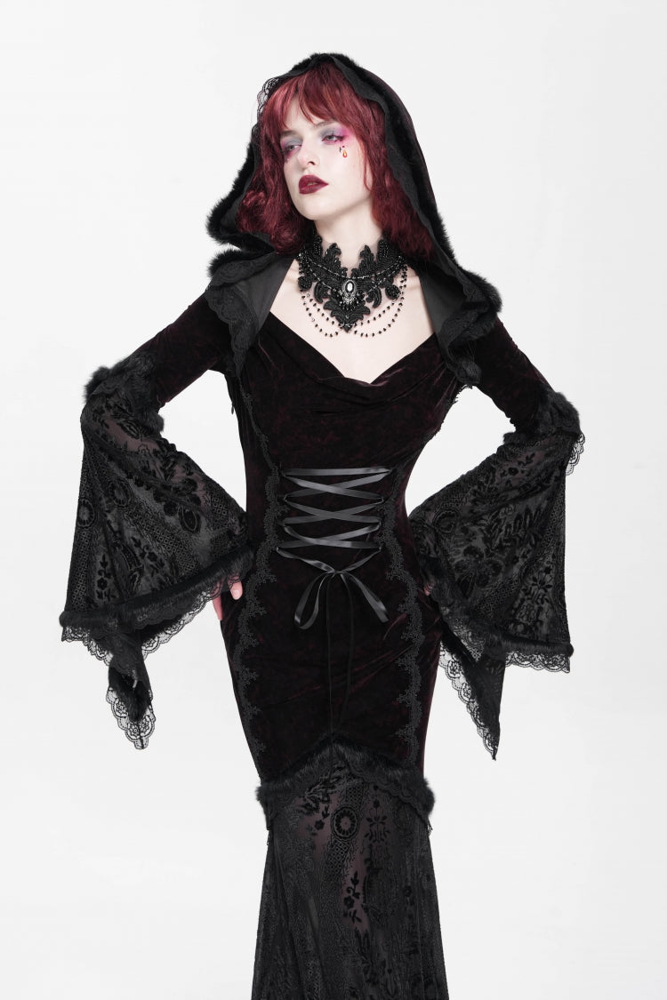 Trumpet Sleeve Embroidered Lace Hooded Mesh Gothic Dress