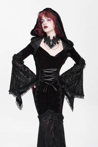 Trumpet Sleeve Embroidered Lace Hooded Mesh Gothic Dress