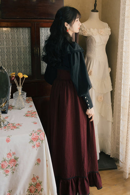 Black Red Long Sleeves High Waist Print Lace Gothic Vintage Lolita Dress Set