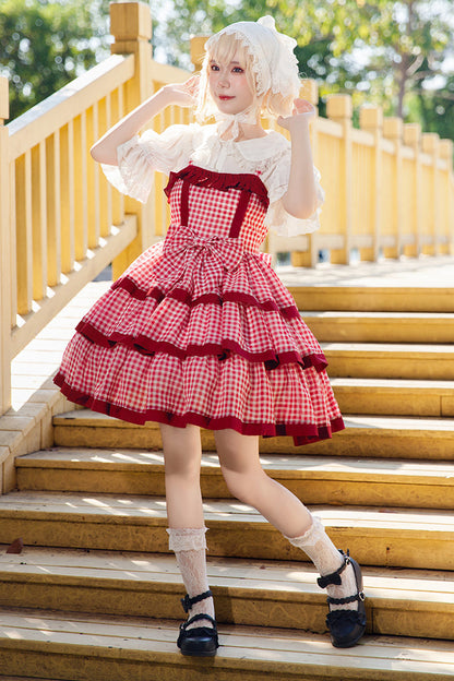 Scarlet Plaid Ruffle Bowknot Sweet Lolita Gown with Layered Design