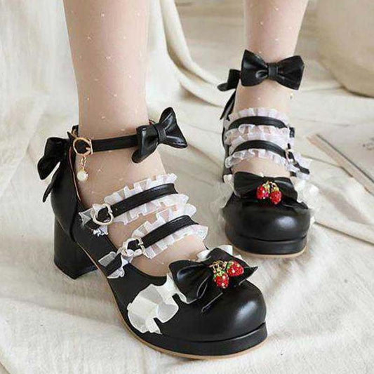 Kawaii Lolita Mary Janes Schuhe mit Spitzenschleife und Kitten Heel