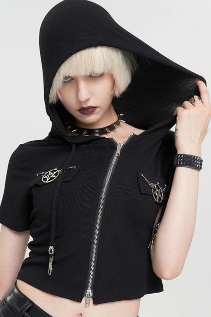 Front Zipper Double Pentagram Hooded Goth Tee