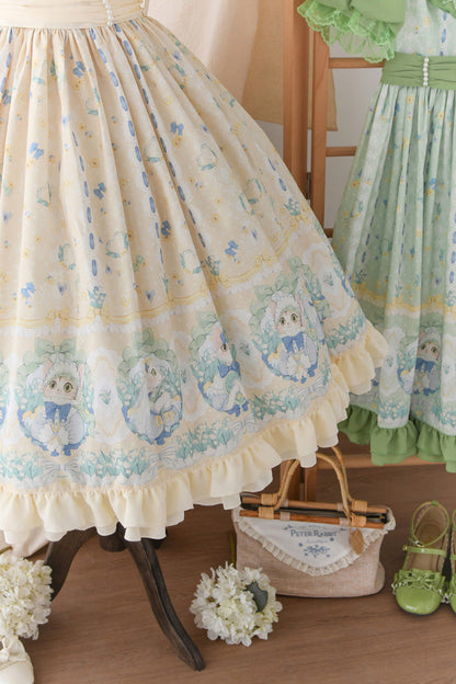 Lily of the Valley Cat Print Ruffle Embroidered Bowknot Sweet Lolita Dress in Beige