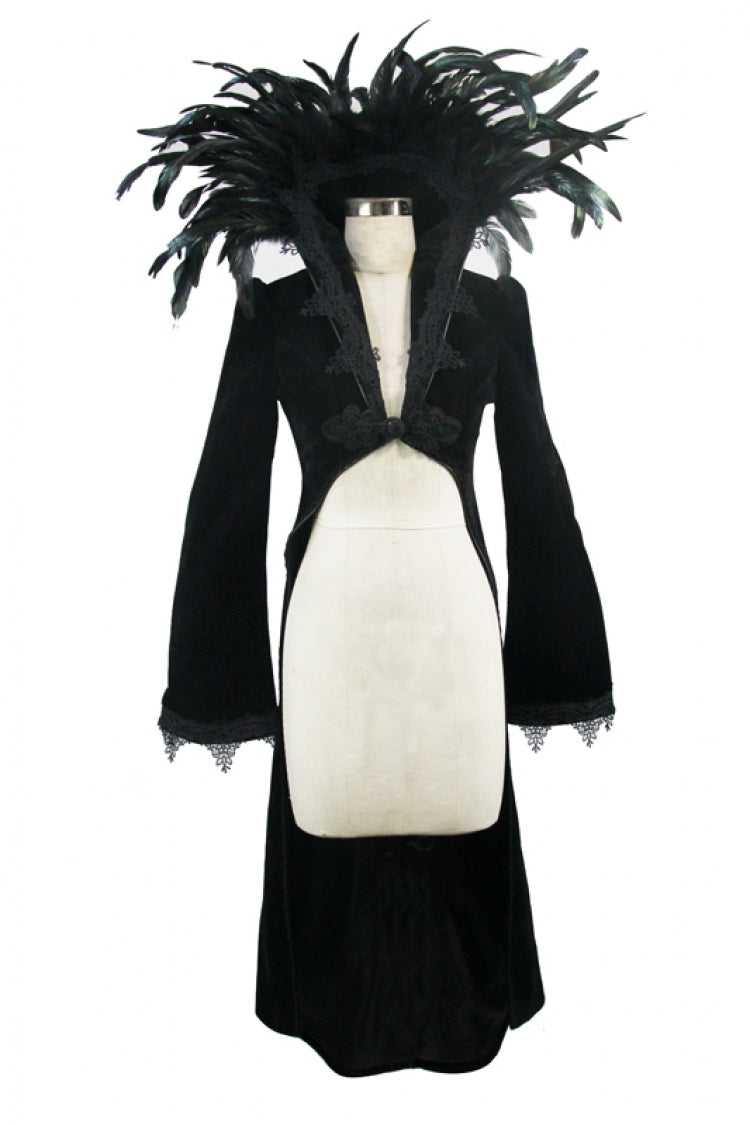 Gothic Tailcoat for Women with Feathered Collar Long Sleeves and Bowknot