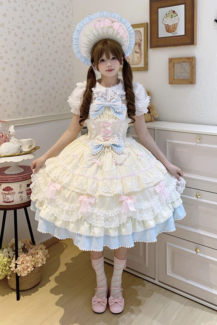 Fondant Cake Sleeveless Layered Ruffle Bow Lace Sweet Lolita JSK in Yellow Blue
