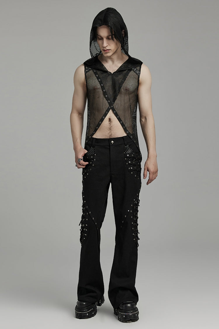 Mesh Eyelet Punk Sleeveless Hooded Vest for Men - NoirEdge