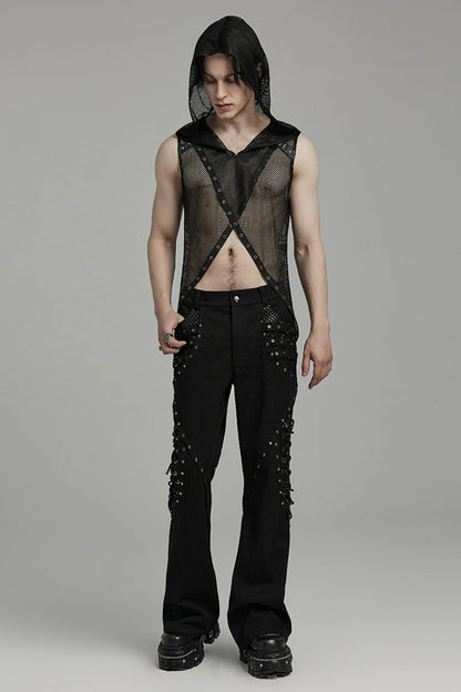 Mesh Eyelet Punk Sleeveless Hooded Vest for Men - NoirEdge