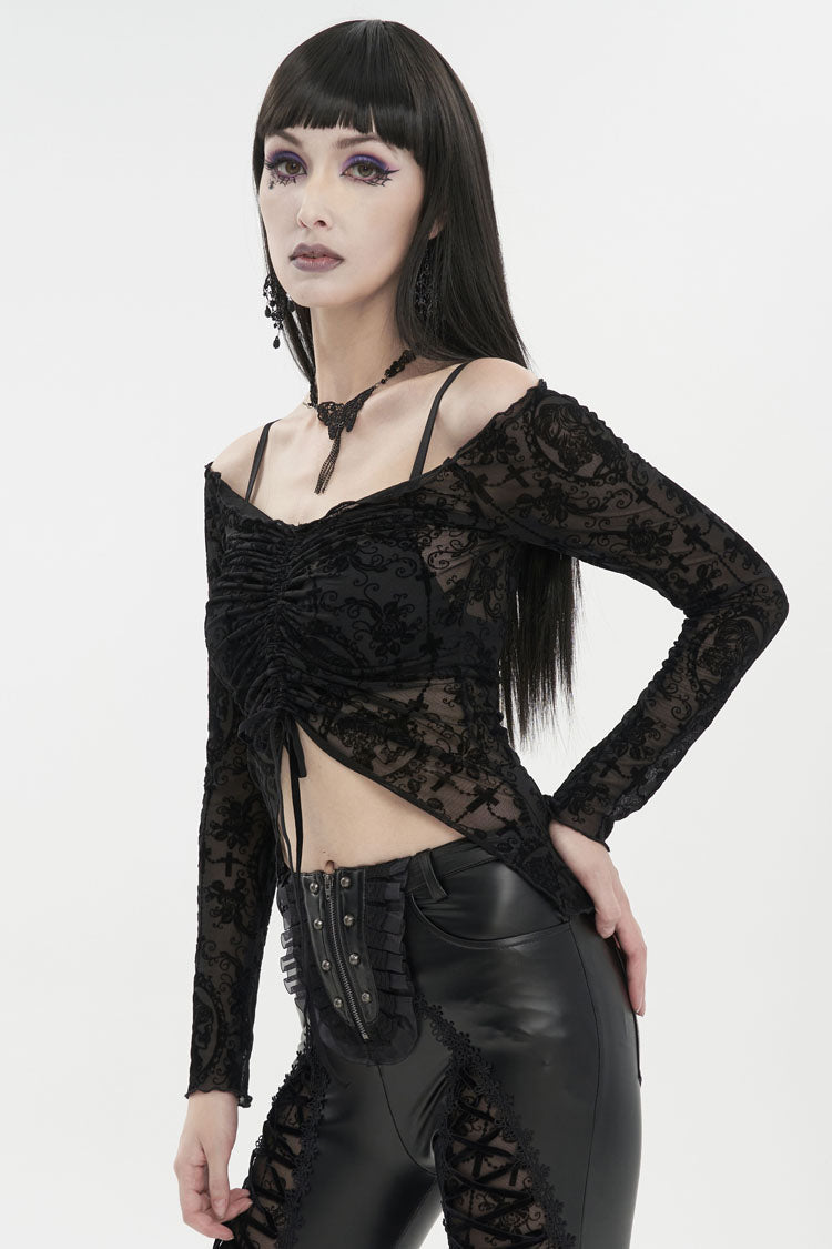 Punk Women's Off-Shoulder Tee with Ruched Flocked Chest and Adjustable Straps