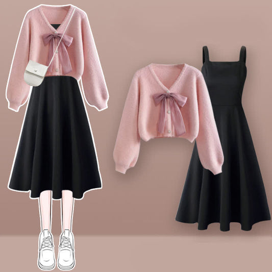 Pink Bow Knot V-neck Cardigan Sweater Slip Dress Set