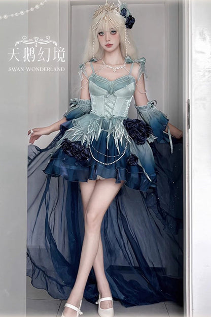 Undersea Blue Sweet Ballet Lolita Swan Wonderland Embroidery Lace-Up Mini JSK Dress