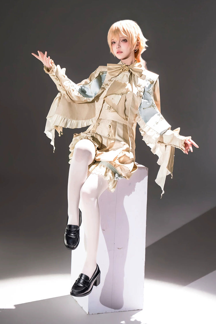 Golden Stand-Collar Long-Sleeve Embroidered Ruffled Bow Ouji Ensemble
