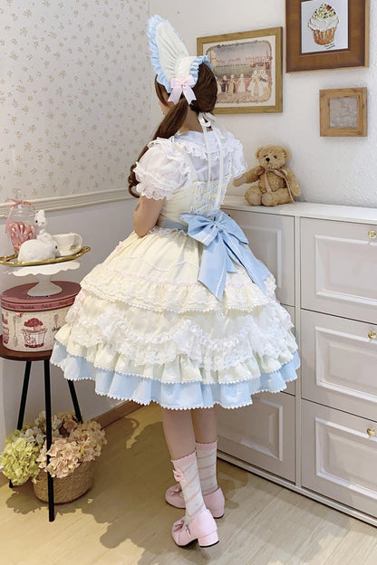 Fondant Cake Sleeveless Layered Ruffle Bow Lace Sweet Lolita JSK in Yellow Blue