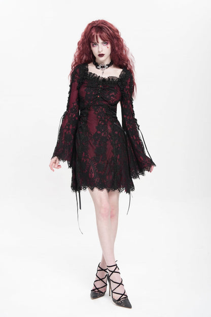 Square Collar Long Sleeve Floral Lace Lace-Up Gothic Dress