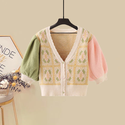 Skirt Colorblock Fishtail Set T-Shirt V-neck Denim