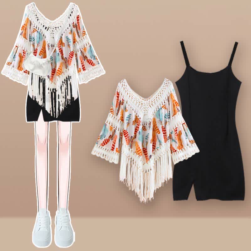 Sweet Boho Print Fringed Hollow Out Shirt Pleated Skirt Slip Dress