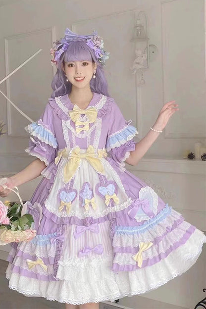 Purple Star Sugar Short-Sleeved Multi-Layer Ruffled Bow-Trim Sweet Lolita Dress
