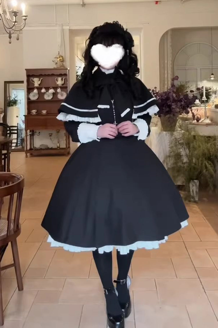 Black Long Sleeve Ruffle Bow Maid Gothic Lolita Dress Cloak Two Piece Set