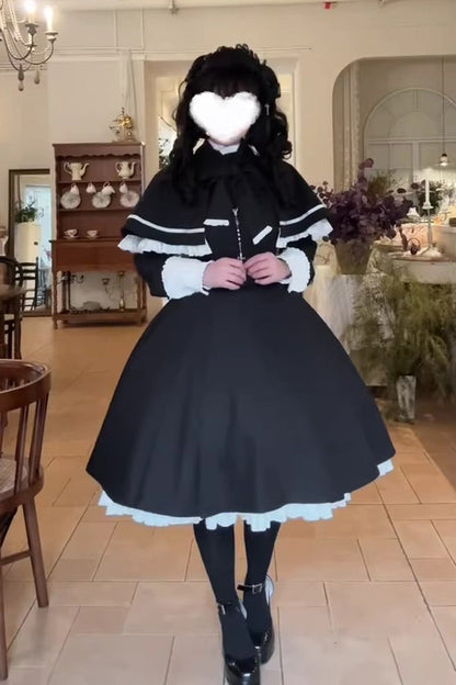 Black Long Sleeve Ruffle Bow Maid Gothic Lolita Dress Cloak Two Piece Set