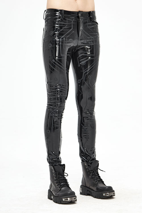 Mens Stretchy Leather Pants with Circuit Print