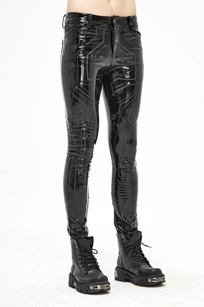 Mens Stretchy Leather Pants with Circuit Print