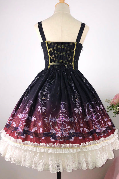 Black Red Sleeveless Gradient Print Ruffle Cardigan Bowknot Lace-Up Sweet Elegant Lolita Jsk Dress