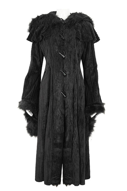 Gothic Women's Hooded Coat with Fluffy Long Bell Sleeves and Flared Silhouette