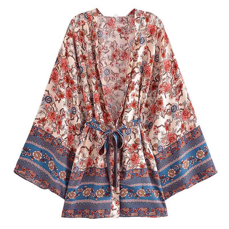 Boho Flower Print Belt Cardigan Outerwear