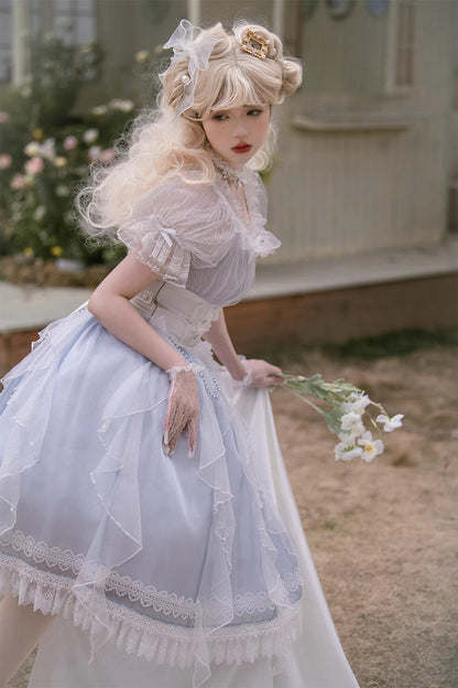 Blue Round-Collar Mermaid Tears Short-Sleeved Bow-Trim Sweet Princess Lolita Dress