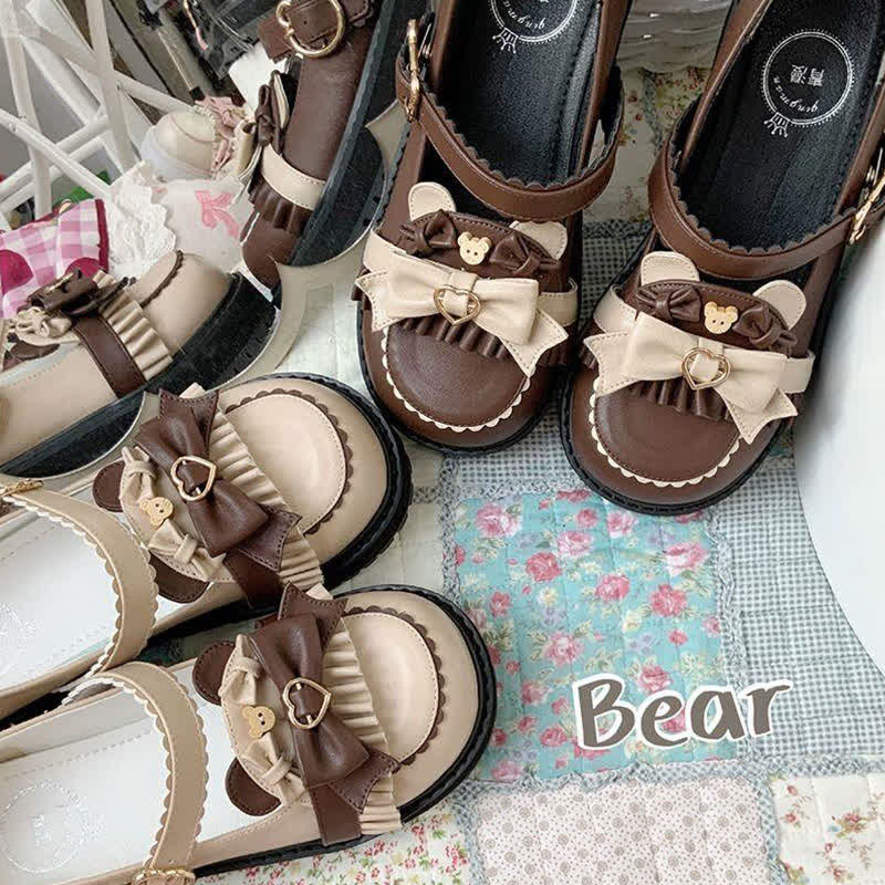 Vintage Bow Knot Button Bear Platform Lolita Shoes