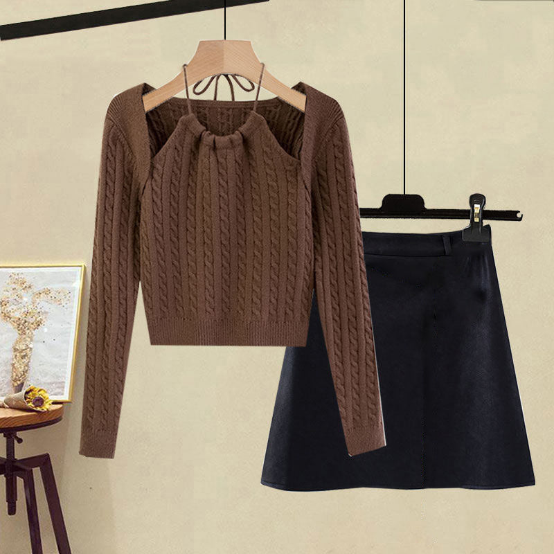 Pure Color Knit Sweater PU Skirt Set