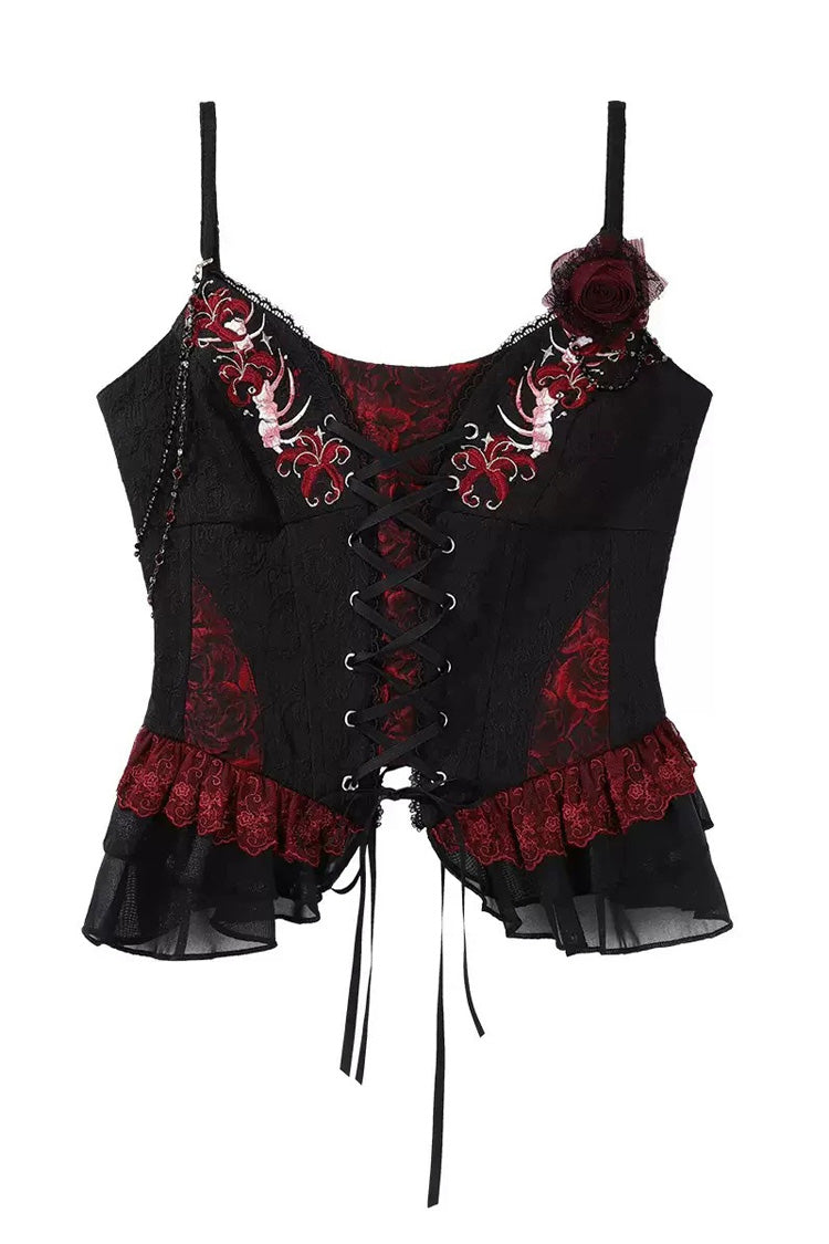 Rotten Bone Flower Lolita Skirt Set with Lace-Up Details - Noir