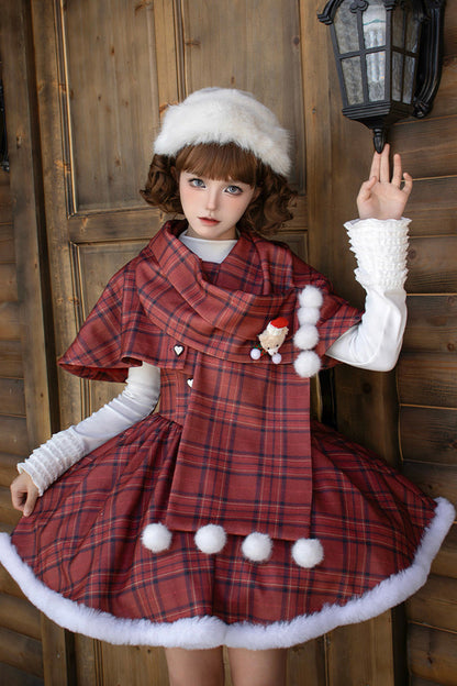 Crimson Striped Tartan Print Autumn Winter Fishbone Sweet Corset Lolita Dress