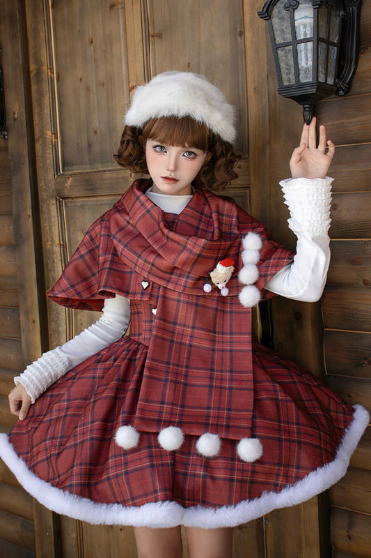 Crimson Striped Tartan Print Autumn Winter Fishbone Sweet Corset Lolita Dress