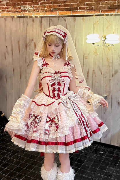 Rose Moonstone Sleeveless Ruffle Embroidery Bow Lace Fishbone Sweet Princess Gown