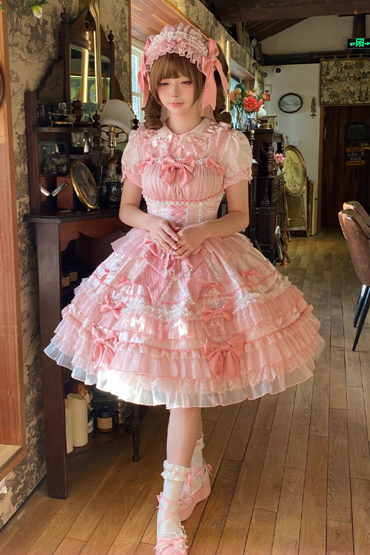 Pink Multi-Tier Ruffle Bow Lace Sweet Gorgeous Lolita Jumper - Little Lovetine
