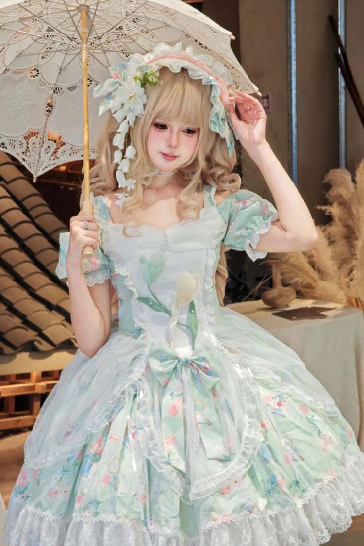 Emerald Off-Shoulder Ruffle Lace Sweet Lolita Dress - Tulip's Letter