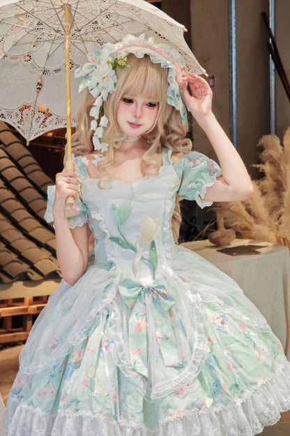 Emerald Off-Shoulder Ruffle Lace Sweet Lolita Dress - Tulip's Letter