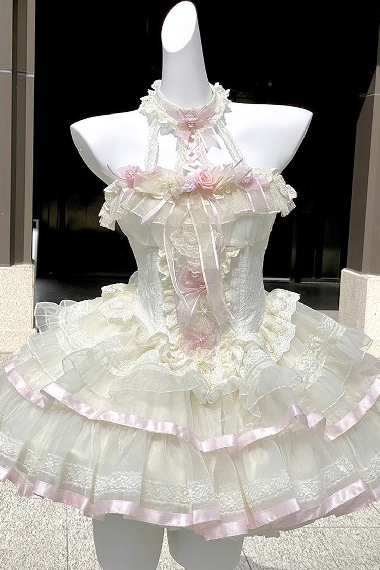 Floral Ballet Halterneck Layered Ruffled Lace Sweet Gown