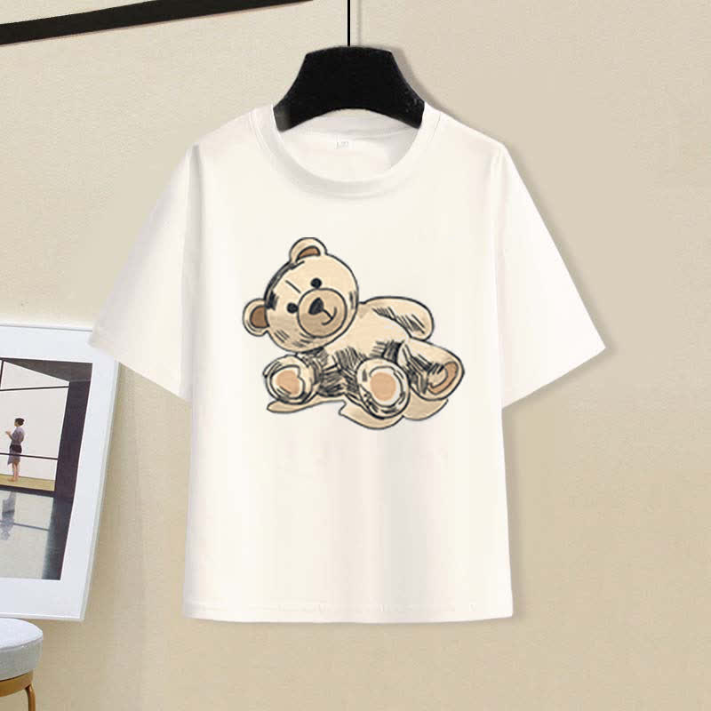 Print Cartoon Letter Tulle Pleated T-Shirt Bear Skirt